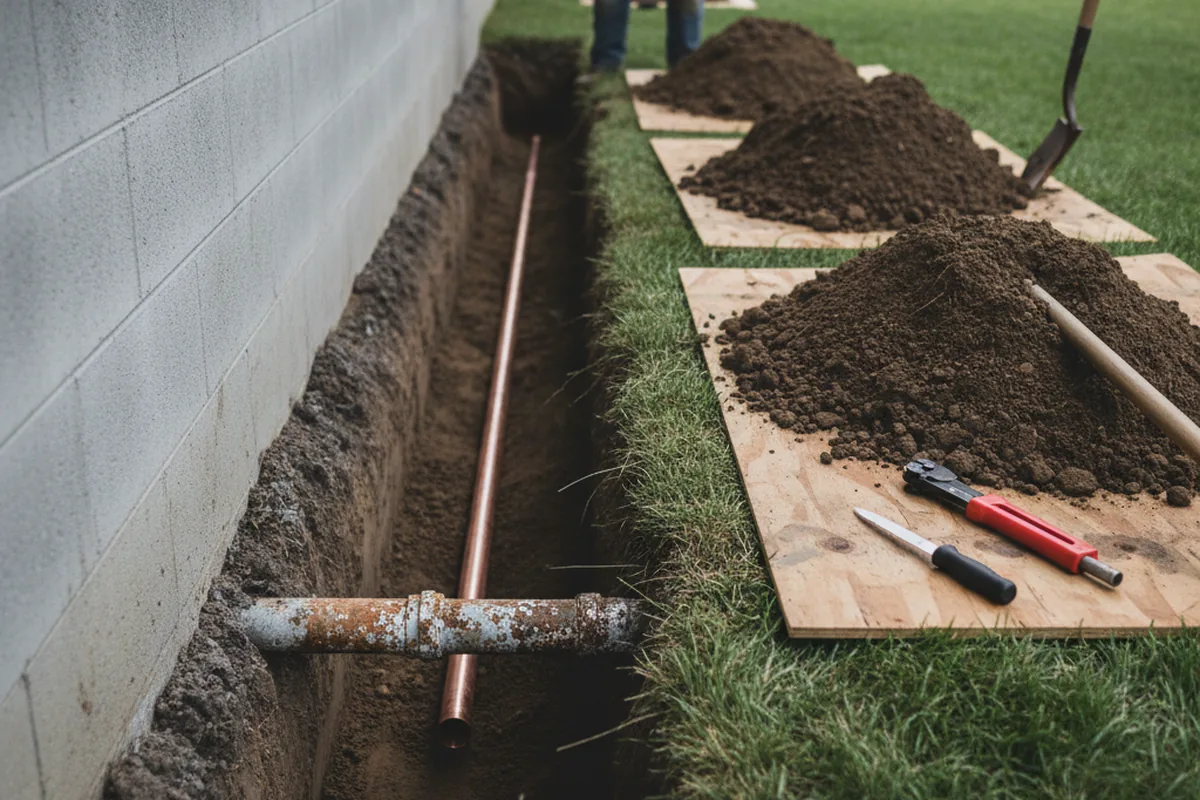 Excavated water line trench during Sewer Line Repair in Hunt Valley